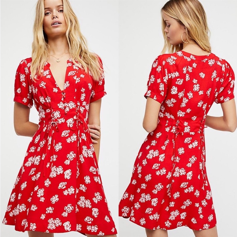 Free People Floral Lace Up Dream Girl Mini Dress